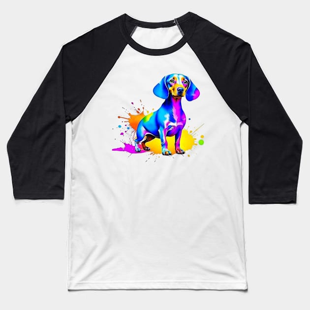 Colorful Dachshund Splatter Art - Playful Canine Delight Baseball T-Shirt by Paul Buttermilk 